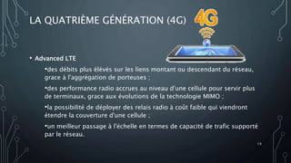 LA QUATRIÈME GÉNÉRATION (4G)
• Advanced LTE
•des débits plus élévés sur les liens montant ou descendant du réseau,
grace à l'aggrégation de porteuses ;
•des performance radio accrues au niveau d'une cellule pour servir plus
de terminaux, grace aux évolutions de la technologie MIMO ;
•la possibilité de déployer des relais radio à coût faible qui viendront
étendre la couverture d'une cellule ;
•un meilleur passage à l'échelle en termes de capacité de trafic supporté
par le réseau.
19
 