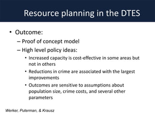 Resource planning in the DTES
Werker, Puterman, & Krausz
• Outcome:
– Proof of concept model
– High level policy ideas:
• Increased capacity is cost-effective in some areas but
not in others
• Reductions in crime are associated with the largest
improvements
• Outcomes are sensitive to assumptions about
population size, crime costs, and several other
parameters
 