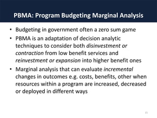 PBMA: Program Budgeting Marginal Analysis
• Budgeting in government often a zero sum game
• PBMA is an adaptation of decision analytic
techniques to consider both disinvestment or
contraction from low benefit services and
reinvestment or expansion into higher benefit ones
• Marginal analysis that can evaluate incremental
changes in outcomes e.g. costs, benefits, other when
resources within a program are increased, decreased
or deployed in different ways
15
 