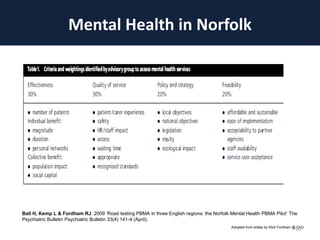 Mental Health in Norfolk
Ball H, Kemp L & Fordham RJ. 2009 ‘Road testing PBMA in three English regions: the Norfolk Mental Health PBMA Pilot’ The
Psychiatric Bulletin Psychiatric Bulletin 33(4) 141-4 (April).
Adopted from slides by Rick Fordham @ EAU
16
 
