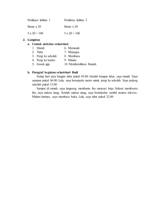 Penilaian latihan 1 Penilaian latihan 2
Benar x 20 Benar x 20
5 x 20 = 100 5 x 20 = 100
J. Lampiran
a. Contoh aktivitas sehari-hari
1. Mandi 6. Memasak
2. Tidur 7. Menyapu
3. Pergi ke sekolah 8. Membaca
4. Pergi ke kantor 9. Minum
5. Gosok gigi 10. Membersihkan Rumah
b. Paragraf kegiatan sehari-hari Budi
Setiap hari saya bangun tidur pukul 05.00. Setelah bangun tidur, saya mandi. Saya
sarapan pukul 06.00. Lalu, saya bersepeda motor untuk pergi ke sekolah. Saya pulang
sekolah pukul 12.00
Sampai di rumah, saya langsung membantu ibu mencuci baju. Selesai membantu
ibu, saya makan siang. Setelah makan siang, saya beristirahat sambil nonton televise.
Malam harinya, saya membaca buku. Lalu, saya tidur pukul 22.00
 