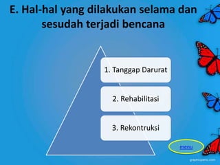 E. Hal-hal yang dilakukan selama dan
sesudah terjadi bencana
1. Tanggap Darurat
2. Rehabilitasi
3. Rekontruksi
menu
 