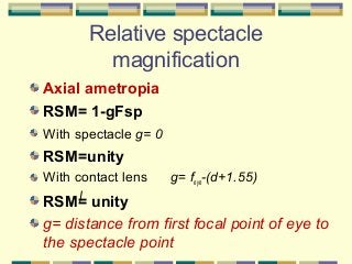 Relative spectacle
magnification
Axial ametropia
RSM= 1-gFsp
With spectacle g= 0

RSM=unity
With contact lens

g= feye-(d+1.55)

RSM= unity
g= distance from first focal point of eye to
the spectacle point

 