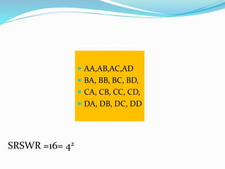  AA,AB,AC,AD
 BA, BB, BC, BD,
 CA, CB, CC, CD,
 DA, DB, DC, DD
SRSWR =16= 42
 