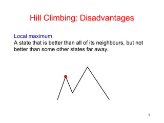 9
Hill Climbing: Disadvantages
Local maximum
A state that is better than all of its neighbours, but not
better than some other states far away.
 