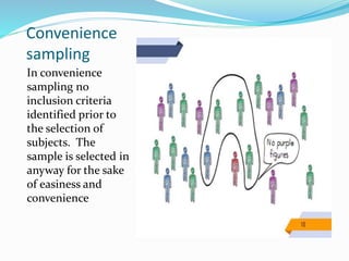 Convenience
sampling
In convenience
sampling no
inclusion criteria
identified prior to
the selection of
subjects. The
sample is selected in
anyway for the sake
of easiness and
convenience
 