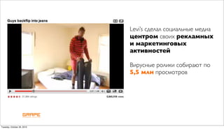 Levi’s сделал социальные медиа
                            центром своих рекламных
                            и маркетинговых
                            активностей

                            Вирусные ролики собирают по
                            5,5 млн просмотров




Tuesday, October 26, 2010
 