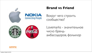 Brand vs Friend

                            Вокруг чего строить
                            сообщество?

                            Lovemarks - значительное
                            число бренд-
                            амбассадоров, фольклор



Tuesday, October 26, 2010
 