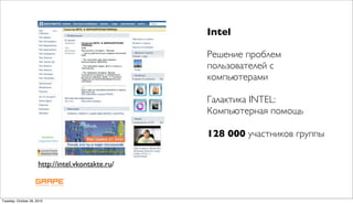 Intel

                                                   Решение проблем
                                                   пользователей с
                                                   компьютерами

                                                   Галактика INTEL:
                                                   Компьютерная помощь

                                                   128 000 участников группы


                      http://intel.vkontakte.ru/



Tuesday, October 26, 2010
 