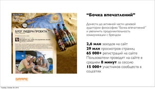 “Бочка впечатлений”

                            Донести до активной части целевой
                            аудитории философию “Бочка впечатлений”
                            и увеличить продолжительность
                            коммуникации с брендом

                            2,6 млн заходов на сайт
                            29 млн просмотров страниц
                            65 000+ регистраций на сайте
                            Пользователи проводят на сайте в
                            среднем 8 минут за сессию
                            15 000+ участников сообществ в
                            соцсетях



Tuesday, October 26, 2010
 
