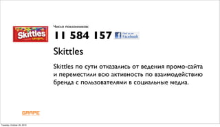 Число поклонников:

                            11 584 157
                            Skittles
                            Skittles по сути отказались от ведения промо-сайта
                            и переместили всю активность по взаимодействию
                            бренда с пользователями в социальные медиа.




Tuesday, October 26, 2010
 