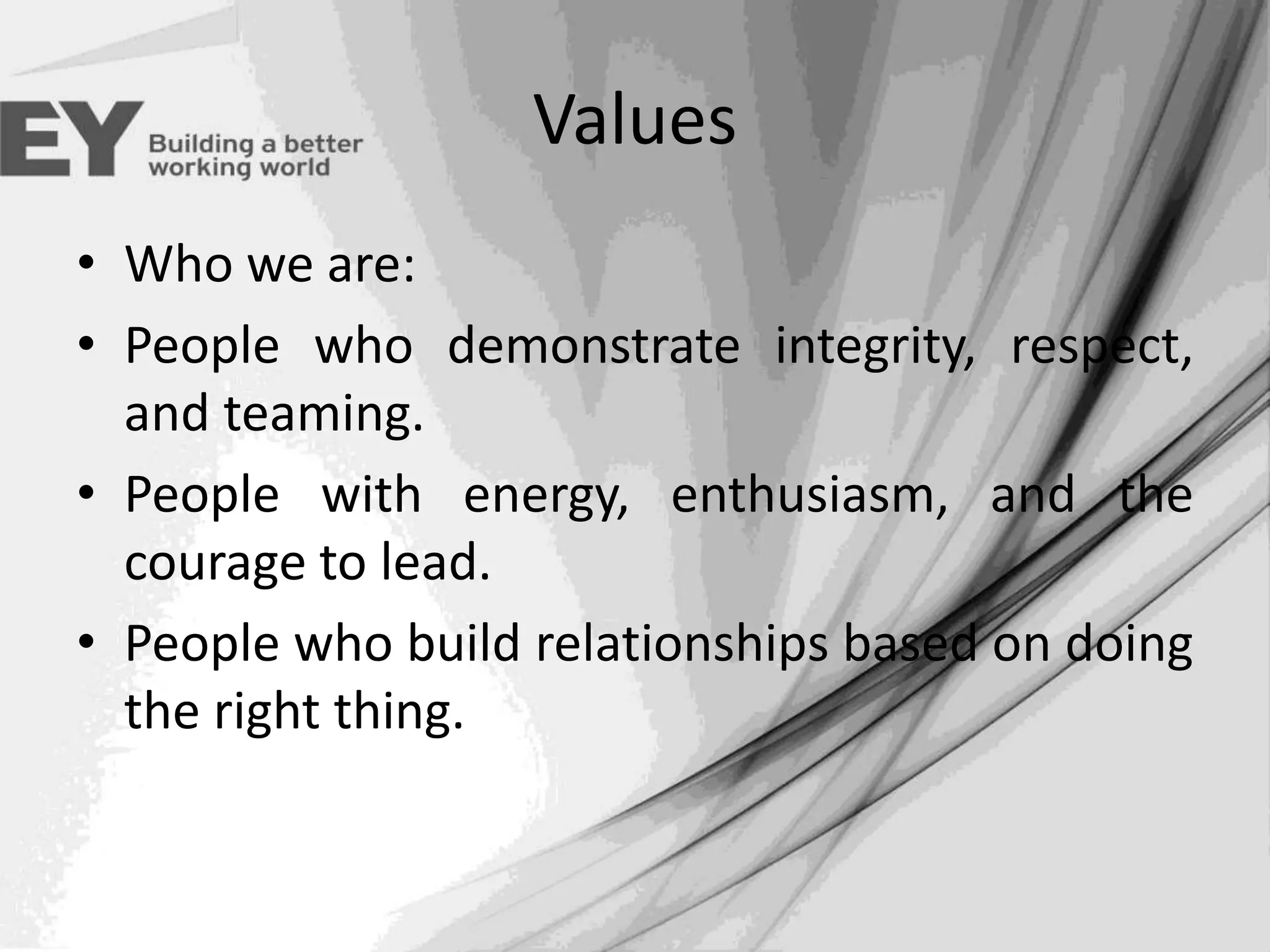 Values
• Who we are:
• People who demonstrate integrity, respect,
and teaming.
• People with energy, enthusiasm, and the
courage to lead.
• People who build relationships based on doing
the right thing.

 