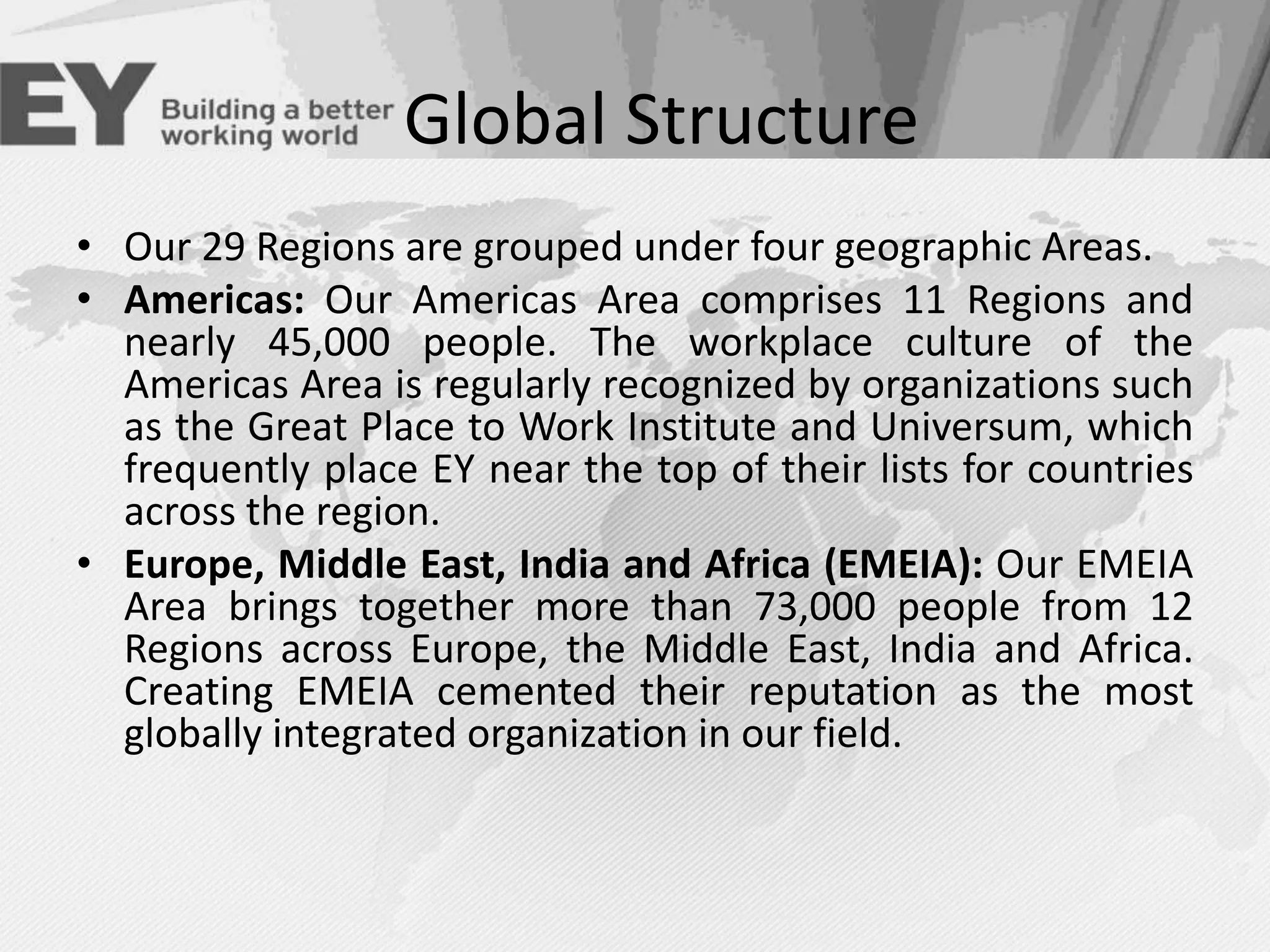 Global Structure
• Our 29 Regions are grouped under four geographic Areas.
• Americas: Our Americas Area comprises 11 Regions and
nearly 45,000 people. The workplace culture of the
Americas Area is regularly recognized by organizations such
as the Great Place to Work Institute and Universum, which
frequently place EY near the top of their lists for countries
across the region.
• Europe, Middle East, India and Africa (EMEIA): Our EMEIA
Area brings together more than 73,000 people from 12
Regions across Europe, the Middle East, India and Africa.
Creating EMEIA cemented their reputation as the most
globally integrated organization in our field.

 
