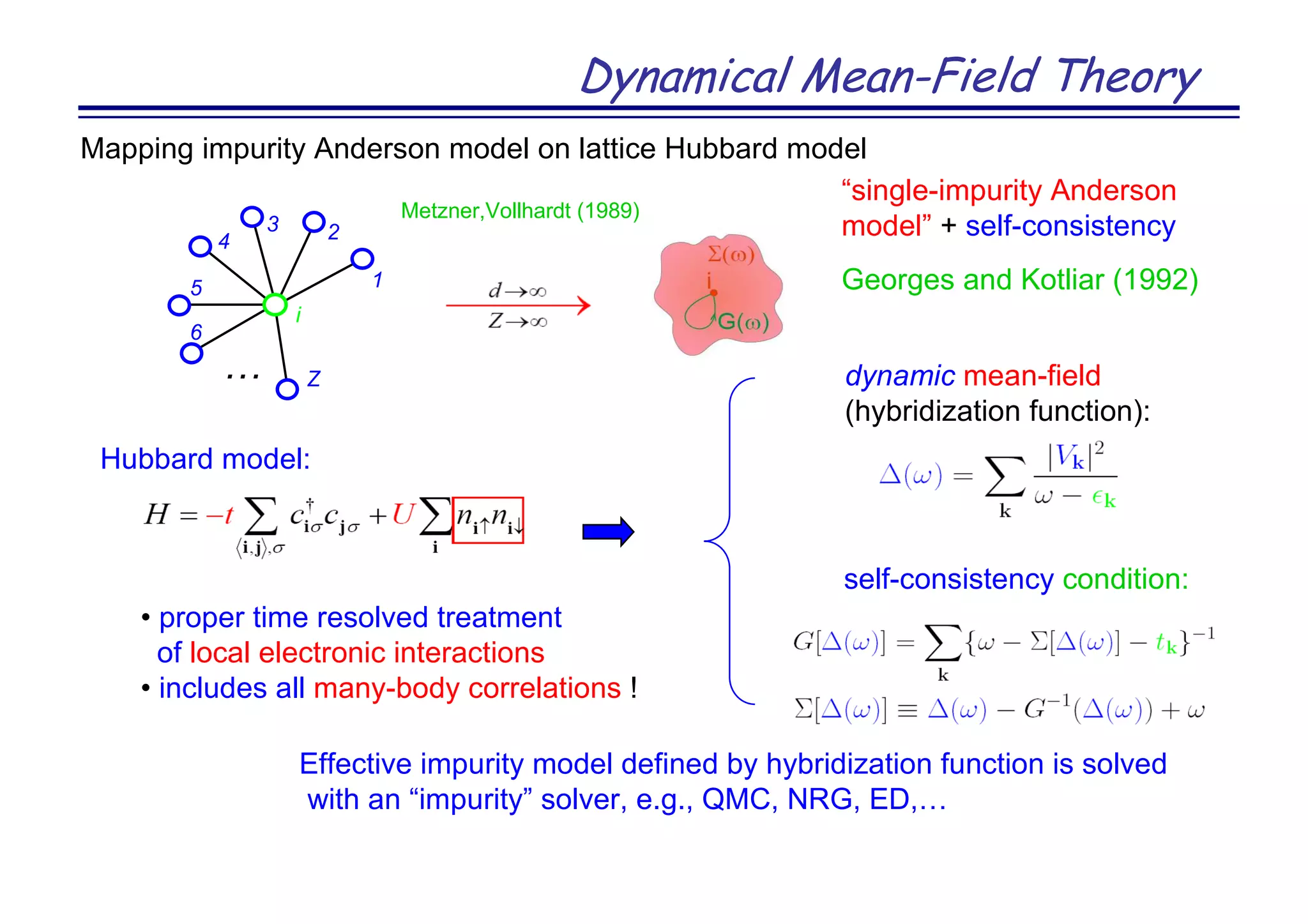 Dynamical Mean-Field Theory
i
23
4
5
6
1
Z
• proper time resolved treatment
of local electronic interactions
• includes all many-body correlations !
Hubbard model:
“single-impurity Anderson
model” + self-consistency
Georges and Kotliar (1992)
self-consistency condition:
dynamic mean-field
(hybridization function):
Effective impurity model defined by hybridization function is solved
with an “impurity” solver, e.g., QMC, NRG, ED,
Metzner,Vollhardt (1989)
Mapping impurity Anderson model on lattice Hubbard model
 
