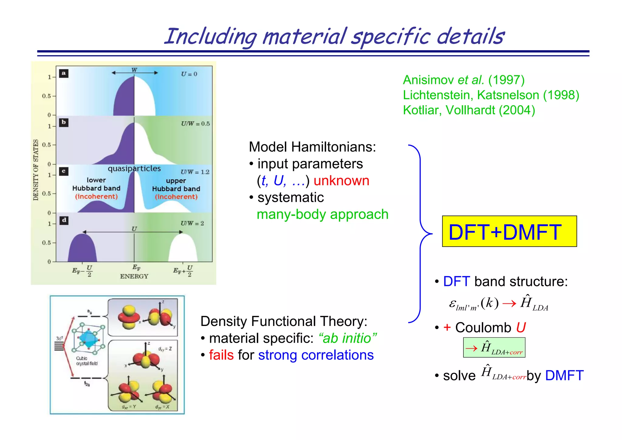 Including material specific details
DFT+DMFT
Anisimov et al. (1997)
Lichtenstein, Katsnelson (1998)
Kotliar, Vollhardt (2004)
Density Functional Theory:
• material specific: “ab initio”
• fails for strong correlations
Model Hamiltonians:
• input parameters
(t, U, ) unknown
• systematic
many-body approach
• DFT band structure:
• + Coulomb U
• solve by DMFT
 
