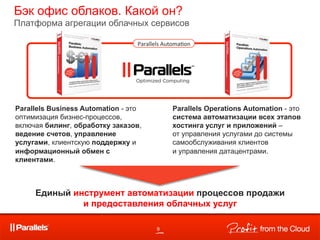 Бэк офис облаков. Какой он?
Платформа агрегации облачных сервисов

                                 Parallels	
  Automa-on	
  




Parallels Business Automation - это              Parallels Operations Automation - это
оптимизация бизнес-процессов,                    система автоматизации всех этапов
включая билинг, обработку заказов,               хостинга услуг и приложений –
ведение счетов, управление                       от управления услугами до системы
услугами, клиентскую поддержку и                 самообслуживания клиентов
информационный обмен с                           и управления датацентрами.
клиентами.



     Единый инструмент автоматизации процессов продажи
              и предоставления облачных услуг

                                          9
 