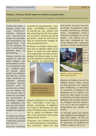 Σελίδα 10
Μαθηηική και Στολική εθημερίδα Ανήζστες Πένες
κα επεηδή δελ ρξεζηκνπνηνύκε απην-
θίλεην άξα βνεζάκε ην πεξηβάιινλ.
Οη γεηηνληέο καο καο αξέζνπλ γηαηί
εδώ κεγαιώζακε θαη εδώ είλαη νη θίινη
καο θαη κεξηθνί ζπγγελείο καο. Καη ζα
καο άξεζαλ αθόκα πην πνιύ εάλ ζηε
ζέζε ησλ πνιπθαηνηθηώλ ππήξραλ δέ-
ληξα θαη αξσκαηηθά θπηά.
Θα ζέιακε λα αιιάμνπλ θάπνηα πξάγ-
καηα όπσο λα ππάξρνπλ πάξθα γηα λα
παίδνπλ ηα παηδηά, πην πνιύ πξάζηλν
θαη λα εξρόληνπζαλ πην ζπρλά ηα ζθνπ-
πηδηάξηθα. Θα ζέιακε επίζεο λα αιιά-
μνπλ δύν παξθάθηα, λα βειηησζνύλ κε
πνιύ πξάζηλν, λα επηζθεπαζηνύλ ηα
θζαξκέλα παγθάθηα θαη λα δεκηνπξγε-
ζνύλ αλαςπθηήξηα. Γεληθά εκείο νη
θάηνηθνη πξνζέρνπκε ην πεξηβάιινλ
θαη γεληθώο ην θξνληίδνπκε όζν κπν-
ξνύκε. Θα ζέιακε αθόκε λα βειηηώλν-
ληαλ νη ζρέζεηο ησλ αλζξώπσλ δηόηη
έρνπλ ηύρεη πεξηζηαηηθά θαθήο ζπκπε-
ξηθνξάο κεηαμύ γεηηόλσλ.
Γλσξίδνπκε πσο ν Δύνζκνο έρεη πνι-
ιέο παιηέο βηνκεραληθέο εγθαηαζηάζεηο
όπσο εξγνζηάζηα θαπλνύ πνπ ηώξα
Δύνζκνο, ν ηόπνο καο. Κάπνηα ζεκεία ηνπ κνηάδνπλ κε γξαθηθό ρσξηό ...
΢πληαθηηθή νκάδα ηνπ ΢η1: Μαξία Αβξακνπνύινπ, Άλλα θαη Αιεμία Καξακαλίδνπ, Αλαζηαζία Μαηζαξόθα, Νηθνιέηα Μπισλά, Λεπηέξεο
Μπέκπηα, Μαξία Σδίθα
Ο ηόπνο όπνπ δνύκε , ν
Δύνζκνο, αλήθεη ζηνλ
Γήκν Κνξδειηνύ-
Δπόζκνπ. Βξίζθεηαη
ζηελ βνξεηνδπηηθή
πιεπξά ηνπ πνιενδνκη-
θνύ ζπγθξνηήκαηνο ηεο
Θεζζαινλίθεο. Έρεη
101.753 θαηνίθνπο θαη
είλαη ν κεγαιύηεξνο ζε
πιεζπζκό δήκνο ηεο
Θεζζαινλίθεο.
Κάπνηεο γεηηνληέο ηνπ,
κνηάδνπλ λα είλαη ζαλ
ρσξηό. Τπάξρνπλ γξα-
θηθά ζνθάθηα θαη πέηξη-
λεο κνλνθαηνηθίεο όπσο
θαη ειεύζεξνο ρώξνο
γηα παηρλίδη, κπάια,
θξπθηό ή γηα πνδήιαην.
Δθεί όπνπ δελ πεξλάλε
ζπρλά απηνθίλεηα θαη
κεραλάθηα κπνξνύκε
λα παίμνπκε. . Έρεη πια-
θόζηξσηα ζηελά θαη
κνλνθαηνηθίεο κε βεξά-
ληεο πνπ ζπκίδνπλ πα-
ιηέο γεηηνληέο αιιά δε
ιείπνπλ θαη νη πνιπόξν-
θεο πνιπθαηνηθίεο. Ζ
γεηηνληάκαο εμππεξεηεί
ζηηο θαζεκεξηλέο αλά-
γθεο καο γηαηί κπνξνύ-
κε λα βξνύκε θνύξλν,
καλάβηθν θαη θαξκαθεί-
ν.
Σν ζρνιείν καο βξίζθε-
ηαη θνληά. Με ηα πόδηα
ε απόζηαζε θπκαίλεηαη
από 2΄έσο 10΄.
Απηό είλαη πιενλέθηε-
είλαη θιεηζηά θαη έρνπλ γίλεη εξεί-
πηα.Λνηπόλ, ζα κπνξνύζε ν δήκνο
λα θηηάμεη ζηε ζέζε ηνπο αζιεηηθό
θέληξν , θνιπκβεηήξην, ζηλεκά ή
αθόκε θαη παγνδξόκην γηα λα εμπ-
πεξεηεί ηνπο δεκόηεο πνπ δελ
έρνπλ κέζν κεηαθνξάο θαη ζηε-
ξνύληαη δηάθνξα είδε ςπραγσγίαο
πνπ κόλν ην θέληξν ηεο Θεζζαινλί-
θ ε ο
π ξ ν -
ζθέξεη.
Έ λ α
από ηα
βαζηθά
π ξ ν -
βιήκαηα ηνπ Δπόζκνπ είλαη όηη δελ
ππάξρνπλ αξθεηά πάξθα , δέληξα
θαη εζηίεο πξαζίλνπ. Γελ ππάξρνπλ
ρώξνη ζηάζκεπζεο κε απνηέιεζκα
ηα απηνθίλεηα λα παξθάξνπλ ζηα
πεδνδξόκηα θαη λα ελνρινύλ ηνπο
πεδνύο θαη εηδηθά άηνκα κε θηλεηη-
θέο δπζθνιίεο. Έλα άιιν ζεκαληηθό
πξόβιεκα είλαη ε αζηηθή ζπγθνηλσ-
λία. Τπάξρνπλ κόλν δύν γξακκέο ,
νη 21 θαη 32 πνπ δελ κπνξνύλ λα
εμππεξεηήζνπλ ηνπο ρηιηάδεο θα-
ηνίθνπο .
Σα ηειεπηαία ρξόληα έρεη παξαηε-
ξεζεί πεξηβαιινληηθό πξόβιεκα ην
νπνίν είλαη ζνβαξό. Σν 94% ησλ
βηνκεραληώλ δελ θάλνπλ αξθεηά γηα
ηελ πξνζηαζία ηνπ πεξηβάιινληνο.
Αληίζεηα ξππαίλνπλ ηελ (ζ.11)
Παξθάθη , θνληά ζην ζρνιείν καο
Φώην: Μαξία Σδίθα ΢Σ1
Δύνζκνο. Δηθόλεο από ηε
γεηηνληά ηνπ ζρνιείνπ καο
Φώην: Λεπηέξεο Μπέκπηα ΢Σ1
 