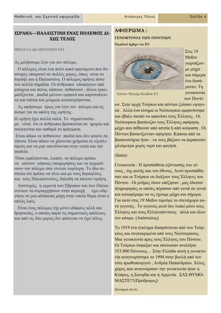 Μαθηηική και Στολική εθημερίδα Ανήζστες Πένες Σελίδα 4
Ι΢ΡΑΗΛ­­-ΠΑΛΑΙ΢ΣΙΝΗ ΕΝΑ΢ ΠΟΛΕΜΟ΢ ΔΙ­
ΧΩ΢ ΣΕΛΟ΢
ΜΙΧΑΕΛΑ ΔΕΛΗΓΙΑΝΝΗ ΣΤ4
Aο κηιήζνπκε ιίγν γηα ηνλ πόιεκν.
Ο πόιεκνο είλαη έλα πνιύ θαθό θαηλόκελν πνπ δπ-
ζηπρώο επηθξαηεί ζε πνιιέο ρώξεο, όπσο είλαη ην
Ηζξαήι θαη ε Παιαηζηίλε. Ο πόιεκνο αθήλεη πίζσ
ηνπ πνιιά ζεκάδηα. Οη άλζξσπνη ππνθέξνπλ από
θηώρεηα θαη πείλα, θάπνηνη πεζαίλνπλ , άιινη ηξαπ-
καηίδνληαη , παηδηά κέλνπλ νξθαλά θαη απξνζηάηεπ-
ηα θαη ζπίηηα θαη κλεκεία θαηαζηξέθνληαη.
Αο αθήζνπκε όκσο γηα ιίγν ηνλ πόιεκν θαη αο
πνύκε γηα ηα νθέιε ηεο εηξήλεο .
Ζ εηξήλε έρεη πνιιά θαιά .Σν ζεκαληηθόηε-
ξν είλαη όηη νη άλζξσπνη βξίζθνληαη ζε εξεκία θαη
ζθέθηνληαη πην θαζαξά ηα πξάγκαηα.
Δίλαη άδηθν λα πεζαίλνπλ παηδηά πνπ δελ θηαίλε ζε
ηίπνηα. Δίλαη άδηθν λα ράλνληαη ρξήκαηα ζε εμνπιη-
ζκνύο θαη λα κελ επελδύνληαη ζηελ πγεία θαη ηελ
παηδεία.
Όζνη εκπιέθνληαη, ινηπόλ, ζε πόιεκν πξέπεη
λα θάλνπλ θάπνηεο ππνρσξήζεηο θαη λα ηεξκαηί-
ζνπλ ηνλ πόιεκν όζν γίλεηαη λσξίηεξα. Σν ίδην πη-
ζηεύσ όηη πξέπεη λα γίλεη θαη κε ηνπο Ηζξαειίηεο
θαη ηνπο Παιαηζηηλίνπο, δειαδή λα θάλνπλ εηξήλε.
Γπζηπρώο, ε εκκνλή ησλ Δβξαίσλ θαη ησλ Παιαη-
ζηηλίσλ λα θπξηαξρήζνπλ ζηελ πεξηνρή έρεη νδε-
γήζεη ζε κηα αδηάθνπε κάρε ζηελ νπνία ζύκα είλαη ν
απιόο ιαόο.
Δίλαη έλαο πόιεκνο όρη κόλν εδάθνπο αιιά θαη
ζξεζθείαο, ν νπνίνο παξά ηηο ζεκαληηθέο απώιεηεο
θαη από ηηο δύν κεξηέο δελ θαίλεηαη λα έρεη ηέινο.
ΑΦΙΕΡΩΜΑ :
ΓΕΝΟΚΣΟΝΙΑ ΣΩΝ ΠΟΝΣΙΩΝ
Ομαδικό άρθρο του Ε3
΢ηηο 19
Μαΐνπ
γηνξηάδνπ-
κε κέρξη
θαη ζήκεξα
έλα δπζά-
ξεζην: Σε
γελνθηνλία
ησλ Πνληί-
σλ. ΢ηελ αξρή Σνύξθνη θαη πόληηνη δνύζαλ εηξελη-
θά . Αιιά έλα θίλεκα νη Νεόηνπξθνη εκθαλίζηεθε
θαη έβαιε ζθνπό λα αθαλίζεη ηνπο Έιιελεο . Οη
Νεόηνπξθνη βαζάληδαλ ηνπο Έιιελεο αθόξεηα,
κέρξη πνπ πέζαηλαλ από αζηηία ή από θνύξαζε . Οη
Πόληηνη βαζαλίδνληαλ αθόξεηα. Κάπνηα από ηα
βαζαληζηήξηα ήηαλ : λα ηνπο βάδνπλ λα πεξπαηνύλ
ρηιηόκεηξα ρσξίο λεξό θαη θαγεηά.
(Ηππία)
Γελνθηνλία : Ζ πξνζπάζεηα εμόλησζεο ηνπ γέ-
λνπο , ηεο θπιήο θαη ηνπ έζλνπο. Απηό πξνζπάζε-
ζαλ θαη νη Σνύξθνη λα δηώμνπλ ηνπο Έιιελεο ηνπ
Πόληνπ . Οη κλήκεο όζσλ επέδεζαλ , καο έδσζαλ
πιεξνθνξίεο νη νπνίεο πέξαζαλ από γεληά ζε γεληά
θαη θαηαθέξακε λα ηηο έρνπκε κέρξη θαη ζήκεξα.
Γηα απηό ζηηο 19 Μαΐνπ ηηκνύκε ην ζηελάρσξν απ-
ηό γεγνλόο . Σν γεγνλόο απηό δελ ιππεί κόλν ηνπο
Έιιελεο θαη ηνπο Διιελνπόληηνπο αιιά θαη όινλ
ηνλ θόζκν. (Απόζηνινο)
Σν 1919 έλα έγθιεκα δηαπξάηηεηαη από ηνπ Σνύξ-
θνπο θαη ζπγθεθξηκέλα από ηνπο Νεόηνπξθνπο.
Μηα γελνθηνλία πξνο ηνπο Έιιελεο ηνπ Πόληνπ.
Οη Σνύξθνη έζθαμαλ θαη ζθόησζαλ αλειέεηα
353.000 Πόληηνπο… ΢ηελ Διιάδα απηή ε γελνθην-
λία αλαγλσξίζηεθε ην 1994 ζηελ βνπιή από ηνλ
ηόηε πξσζππνπξγνύ , Αλδξέα Παπαλδξένπ. Άιιεο
ρώξεο πνπ αλαγλώξηζαλ ηελ γελνθηνλία ήηαλ ε
Κύπξνο, ε ΢νπεδία θαη ε Αξκελία. ΢Α΢ ΘΤΜΟ-
ΜΑ΢ΣΔ!!!(Πξόδξνκνο)
(΢πλέρεηα ζει.6)
Σκίτσο: Μπεκίρι Κλεβίσα Ε3
 