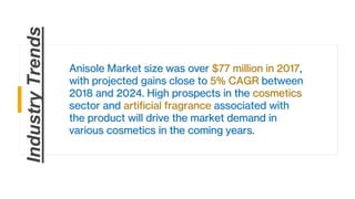 IndustryTrends
Anisole Market size was over $77 million in 2017,
with projected gains close to 5% CAGR between
2018 and 2024. High prospects in the cosmetics
sector and artificial fragrance associated with
the product will drive the market demand in
various cosmetics in the coming years.
 