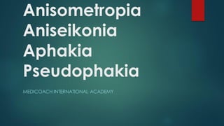 Anisometropia
Aniseikonia
Aphakia
Pseudophakia
MEDICOACH INTERNATIONAL ACADEMY
 