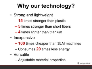 Why our technology?
• Strong and lightweight
– 15 times stronger than plastic
– 5 times stronger than short fibers
– 4 times lighter than titanium
• Inexpensive
– 100 times cheaper than SLM machines
– Consumes 20 times less energy
• Versatile
– Adjustable material properties
 