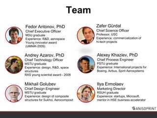 Team
Fedor Antonov, PhD
Chief Executive Officer
MSU graduate
Experience: R&D, aerospace
Young innovator award
(UMNIK-2009)
Mikhail Golubev
Chief Design Engineer
MSTU graduate
Experience: design of composite
structures for Sukhoi, Aerocomposit
Ilya Ermolaev
Marketing Director
RSUH graduate
Experience: startups, Microsoft,
mentor in HSE business accelerator
Andrey Azarov, PhD
Chief Technology Officer
MSTU graduate
Experience: design, R&D, space
structures
RAS young scientist award - 2008
Alexey Khaziev, PhD
Chief Process Engineer
PSTU graduate
Experience: International projects for
Boeing, Airbus, Spirit Aerosystems
Zafer Gürdal
Chief Science Officer
Professor, USC
Experience: commercialization of
hi-tech projects
 