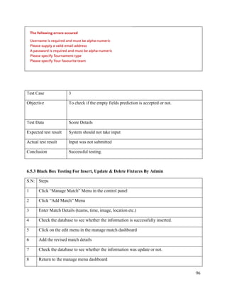 96
Test Case 3
Objective To check if the empty fields prediction is accepted or not.
Test Data Score Details
Expected test result System should not take input
Actual test result Input was not submitted
Conclusion Successful testing.
6.5.3 Black Box Testing For Insert, Update & Delete Fixtures By Admin
S.N: Steps
1 Click “Manage Match” Menu in the control panel
2 Click “Add Match” Menu
3 Enter Match Details (teams, time, image, location etc.)
4 Check the database to see whether the information is successfully inserted.
5 Click on the edit menu in the manage match dashboard
6 Add the revised match details
7 Check the database to see whether the information was update or not.
8 Return to the manage menu dashboard
 