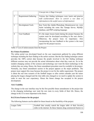 104
Concept into A Huge Concept)
2 Requirement Gathering Various fact finding techniques were learnt and practice
well (Achievement: How to convert a raw data or
information to the useful source of information)
3 Development Tools Key Tools like Adobe Photoshop, Dreamweaver etc. were
learnt including the some like Xampp Server, MySQL
database, and PHP scripting language.
4 User Feedback It’s the major lesson learnt during the project because the
system must be developed according to the user choice.
Otherwise, the project loses its importance. Also
incorporating the user feedback to the system is the main
aspect for the project success.
Table 17 List of Achievements from the Project
8.4. Future Escalations
The online portal was developed based on the user requirement gathered by using different
technique including the facts finding in the earlier sections. But the fact finding technique cannot
provides the 100% correct data because the people involved in the fact finding technique
different sessions may not provide the actual information about what they want etc. So in the
modern changing century of the sciences and technology user want the latest technology in the
website they are using. Hence, the future amendment procedure must be available in the project.
Normally, any future amendment section in the project appears as the major problems. The
project must support this issue because the project in not for the stable requirement. The project
is about the real time scenario of the football league so after certain calendar year the teams
playing the league changed and the time table also changed so we need to update the system in
order to meet the user expectancy. Hence the future change has accepted in the project
development.
8.4.1 Usability
The change in the user interface may be the first possible future amendments in the project due
to the changing technology user want the new taste in every fields of their life. Hence, the
change in the UI is more important in the future.
8.4.2 Extra Features for the project
The following features can be added for future based on the feasibility of the project:
League Table Football fans usually search the league table of their favorite
clubs in the internet. So these features drag commercial factors to
 