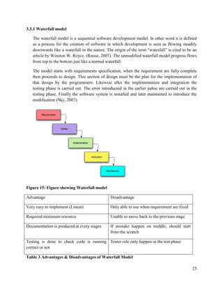 25
3.3.1 Waterfall model
The waterfall model is a sequential software development model. In other word it is defined
as a process for the creation of software in which development is seen as flowing steadily
downwards like a waterfall in the nature. The origin of the term “waterfall” is cited to be an
article by Winston W. Royce. (Rouse, 2007). The unmodified waterfall model progress flows
from top to the bottom just like a normal waterfall.
The model starts with requirements specification, when the requirement are fully complete
then proceeds to design. This section of design must be the plan for the implementation of
that design by the programmers. Likewise after the implementation and integration the
testing phase is carried out. The error introducted in the earlier pahse are carried out in the
testing phase. Finally the software system is installed and later maintained to introduce the
modification (Sky, 2007).
Figure 15: Figure showing Waterfall model
Advantage Disadvantage
Very easy to implement (Linear) Only able to use when requirement are fixed
Required minimum resource Unable to move back to the previous stage
Documentation is produced at every stages If mistake happen on middle, should start
from the scratch
Testing is done to check code is running
correct or not
Tester role only happen in the test phase
Table 3 Advantages & Disadvantages of Waterfall Model
 