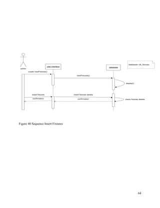 64
admin
create newFixtures()
user interface :database
nextFixtures()
display()
insert fixtures details
confirmation check fixtures details
insert fixtures
confirmation
datebase= db_fixtures
Figure 40 Sequence Insert Fixtures
 