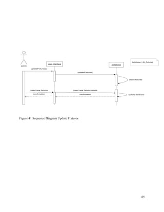 65
admin
updateFixtures()
user interface :database
updateFixtures()
check fixtures
insert new fixtures details
confirmation update database
insert new fixtures
confirmation
datebase= db_fixtures
Figure 41 Sequence Diagram Update Fixtures
 