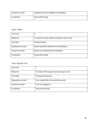 86
Actual test result Updated result was added to the database
Conclusion Successful testing.
Actor: Admin
Test Case 6
Objective To check if system admin can delete result or not.
Test Data Fixtures Result
Expected test result Result should be deleted from the database
Actual test result Result was deleted from the database
Conclusion Successful testing.
Actor: Register User
Test Case 7
Objective To check if the register user can login or not
Test Data Username/Password
Expected test result User should able to log into the system
Actual test result User was logged in.
Conclusion Successful testing.
 