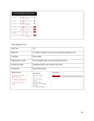 89
Actor: Register User
Test Case 10
Objective To check if register user can view prediction points or not.
Test Data Point status
Expected test result User should be able view the prediction points
Actual test result Prediction point was viewed to the users
Conclusion Successful testing.
 
