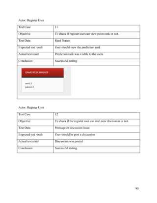 90
Actor: Register User
Test Case 11
Objective To check if register user can view point rank or not.
Test Data Rank Status
Expected test result User should view the prediction rank
Actual test result Prediction rank was visible to the users
Conclusion Successful testing.
Actor: Register User
Test Case 12
Objective To check if the register user can start new discussion or not.
Test Data Message or discussion issue
Expected test result User should be post a discussion
Actual test result Discussion was posted
Conclusion Successful testing.
 