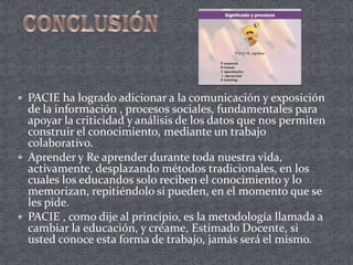 Aplicar la metodología PACIE, usar recursos que permitan enriquecer el proceso enseñanza aprendizaje, y construir conocimiento.