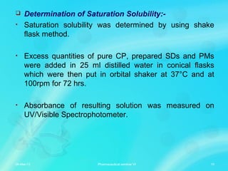  Determination of Saturation Solubility:-
• Saturation solubility was determined by using shake
flask method.
• Excess quantities of pure CP, prepared SDs and PMs
were added in 25 ml distilled water in conical flasks
which were then put in orbital shaker at 37°C and at
100rpm for 72 hrs.
• Absorbance of resulting solution was measured on
UV/Visible Spectrophotometer.
06-Mar-13 10Pharmaceutical seminar VI
 