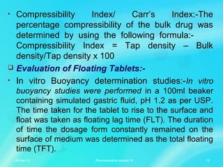 • Compressibility Index/ Carr’s Index:-The
percentage compressibility of the bulk drug was
determined by using the following formula:-
Compressibility Index = Tap density – Bulk
density/Tap density x 100
 Evaluation of Floating Tablets:-
• In vitro Buoyancy determination studies:-In vitro
buoyancy studies were performed in a 100ml beaker
containing simulated gastric fluid, pH 1.2 as per USP.
The time taken for the tablet to rise to the surface and
float was taken as floating lag time (FLT). The duration
of time the dosage form constantly remained on the
surface of medium was determined as the total floating
time (TFT).
06-Mar-13 15Pharmaceutical seminar VI
 