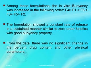  Among these formulations, the in vitro Buoyancy
was increased in the following order: F4> F1 > F6 >
F3> F5> F2.
 The formulation showed a constant rate of release
in a sustained manner similar to zero order kinetics
with good buoyancy property.
 From the data, there was no significant change in
the percent drug content and other physical
parameters.
06-Mar-13 22Pharmaceutical seminar VI
 
