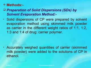  Methods:-
 Preparation of Solid Dispersions (SDs) by
Solvent Evaporation Method:-
• Solid dispersions of CP were prepared by solvent
evaporation method using skimmed milk powder
as carrier in the different weight ratios of 1:1, 1:2,
1:3 and 1:4 of drug: carrier polymer.
• Accurately weighed quantities of carrier (skimmed
milk powder) were added to the solutions of CP in
ethanol.
06-Mar-13 7Pharmaceutical seminar VI
 