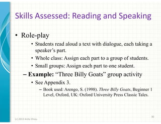 Skills Assessed: Reading and Speaking
• Role-play
• Students read aloud a text with dialogue, each taking a
speaker’s part.
• Whole class: Assign each part to a group of students.
• Small groups: Assign each part to one student.

– Example: “Three Billy Goats” group activity
• See Appendix 3.
– Book used: Arengo, S. (1998). Three Billy Goats, Beginner 1
Level, Oxford, UK: Oxford University Press Classic Tales.

30
(c) 2013 Anita Chiou

 