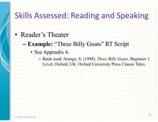 Skills Assessed: Reading and Speaking
• Reader’s Theater
– Example: “Three Billy Goats” RT Script
• See Appendix 4.
– Book used: Arengo, S. (1998). Three Billy Goats, Beginner 1
Level, Oxford, UK: Oxford University Press Classic Tales.

37
(c) 2013 Anita Chiou

 