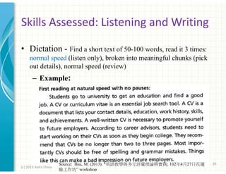 Skills Assessed: Listening and Writing
• Dictation - Find a short text of 50-100 words, read it 3 times:
normal speed (listen only), broken into meaningful chunks (pick
out details), normal speed (review)

– Example:

(c) 2013 Anita Chiou

Source: Hsu, M. (2013). “英語教學與多元評量理論與實務; 102年4月27日花蓮
縣工作坊” workshop

39

 