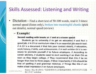 Skills Assessed: Listening and Writing
• Dictation - Find a short text of 50-100 words, read it 3 times:
normal speed (listen only), broken into meaningful chunks (pick
out details), normal speed (review)

– Example:

(c) 2013 Anita Chiou

Source: Hsu, M. (2013). “英語教學與多元評量理論與實務; 102年4月27日花蓮
縣工作坊” workshop

40

 