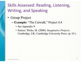 Skills Assessed: Reading, Listening,
Writing, and Speaking
• Group Project
– Example: “The Catwalk,” Project 4.4
• See Appendix 9.
• Source: Wicks, M. (2000). Imaginative Projects.
Cambridge, UK: Cambridge University Press. (p. 63.)

56
(c) 2013 Anita Chiou

 