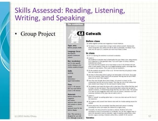 Skills Assessed: Reading, Listening,
Writing, and Speaking
• Group Project

(c) 2013 Anita Chiou

57

 