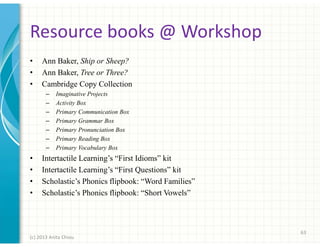 Resource books @ Workshop
•
•
•

Ann Baker, Ship or Sheep?
Ann Baker, Tree or Three?
Cambridge Copy Collection
–
–
–
–
–
–
–

•
•
•
•

Imaginative Projects
Activity Box
Primary Communication Box
Primary Grammar Box
Primary Pronunciation Box
Primary Reading Box
Primary Vocabulary Box

Intertactile Learning’s “First Idioms” kit
Intertactile Learning’s “First Questions” kit
Scholastic’s Phonics flipbook: “Word Families”
Scholastic’s Phonics flipbook: “Short Vowels”

63
(c) 2013 Anita Chiou

 