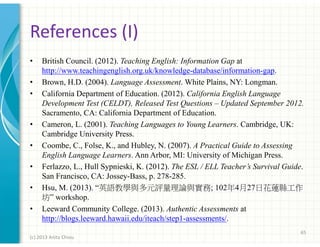 References (I)
•
•
•

•
•
•
•
•

British Council. (2012). Teaching English: Information Gap at
http://www.teachingenglish.org.uk/knowledge-database/information-gap.
Brown, H.D. (2004). Language Assessment. White Plains, NY: Longman.
California Department of Education. (2012). California English Language
Development Test (CELDT), Released Test Questions – Updated September 2012.
Sacramento, CA: California Department of Education.
Cameron, L. (2001). Teaching Languages to Young Learners. Cambridge, UK:
Cambridge University Press.
Coombe, C., Folse, K., and Hubley, N. (2007). A Practical Guide to Assessing
English Language Learners. Ann Arbor, MI: University of Michigan Press.
Ferlazzo, L., Hull Sypnieski, K. (2012). The ESL / ELL Teacher’s Survival Guide.
San Francisco, CA: Jossey-Bass, p. 278-285.
Hsu, M. (2013). “英語教學與多元評量理論與實務; 102年4月27日花蓮縣工作
坊” workshop.
Leeward Community College. (2013). Authentic Assessments at
http://blogs.leeward.hawaii.edu/iteach/step1-assessments/.
65

(c) 2013 Anita Chiou

 
