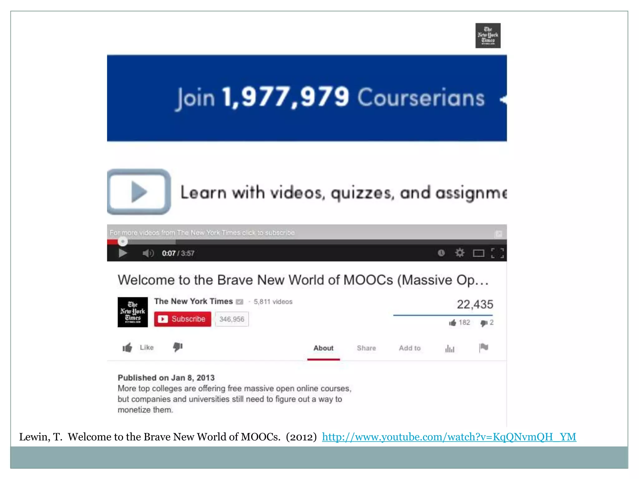 Lewin, T. Welcome to the Brave New World of MOOCs. (2012) http://www.youtube.com/watch?v=KqQNvmQH_YM
 