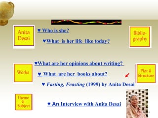 ♥  Who is she? ♥ What are her opinions about writing?       What  are her  books about? ,[object Object],♥  Fasting, Feasting  (1999) by Anita Desai ♥  An  Interview with Anita Desai 