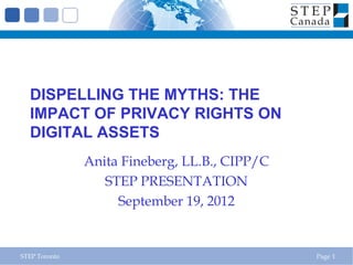 DISPELLING THE MYTHS: THE
  IMPACT OF PRIVACY RIGHTS ON
  DIGITAL ASSETS
               Anita Fineberg, LL.B., CIPP/C
                  STEP PRESENTATION
                    September 19, 2012


STEP Toronto                                   Page 1
 